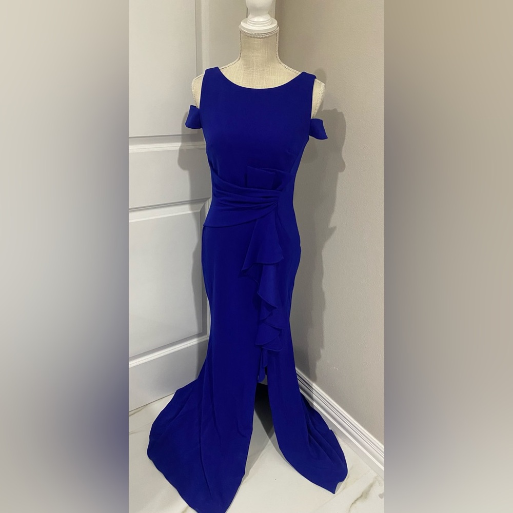 Betsy & Adam Blue Asymmetrical Ruched Gown